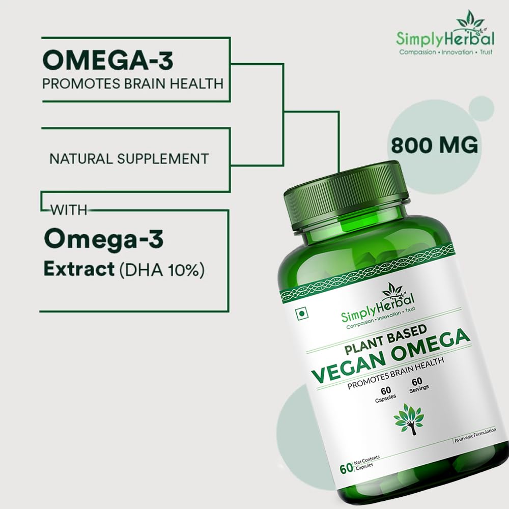 Simply Herbal Organics Pure Vegan Omega 3 6 9 Capsules 500mg Supplement Triple Strength Flaxseed, DHA for Heart, Joint & Brain Health, Immunity Booster - 60 Capsules
