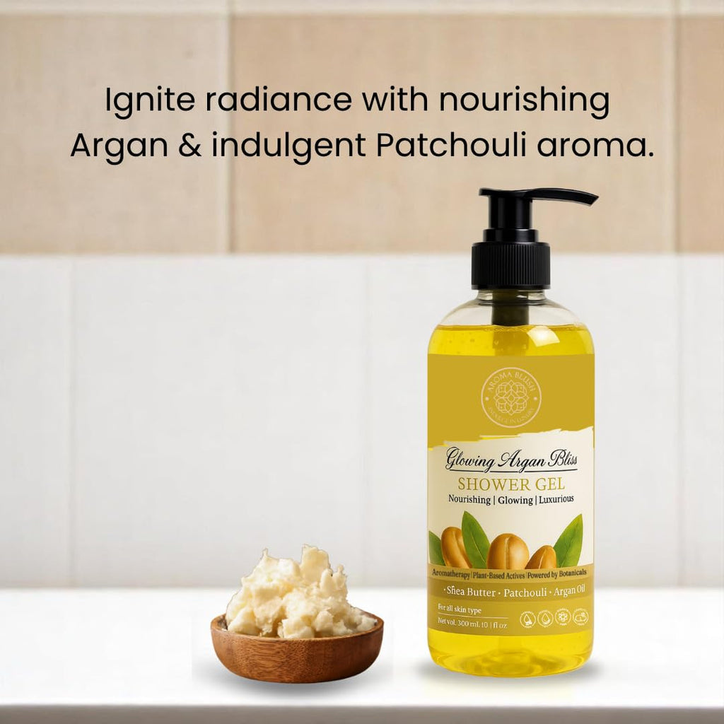 Aromablush - Glowing Argan Bliss Shower Gel | Shea Butter, Argan Oil, Patchouli, Vitamin E | Deep Moisturizing, Anti-Aging | Sulfate-Free, Paraben-Free | Rich Lather, Earthy Fragrance | 300ml