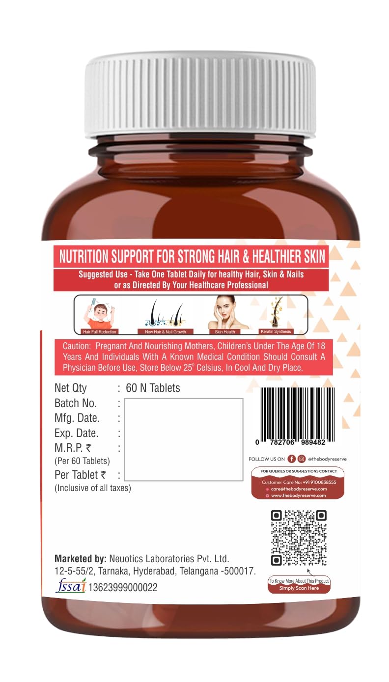 The Body Reserve Plant-Based Biotin Tablets - 60 Veg Tablets, Biotin from Sesbania Extract with Amla & Grapeseed - Supports Hair, Skin, and Nails - For Men & Women