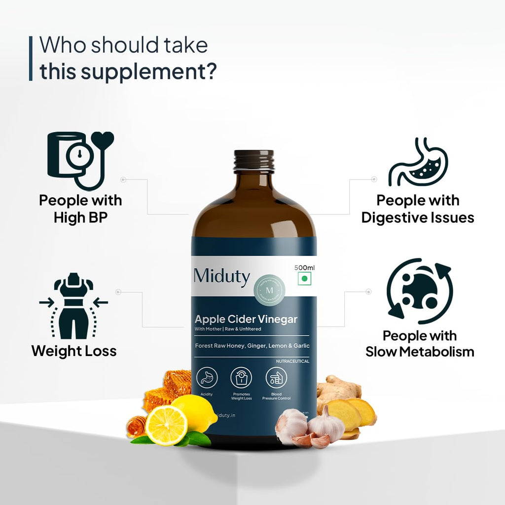 Miduty Palak Notes Apple Cider Vinegar | Apple Cider Vinegar supplement | Weight loss Supplement | Apple Cider Vinegar syrup | Digestive enzyme Supplement (Honey, Ginger, Lemon, Garlic)