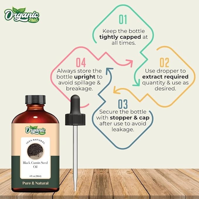 Organic Zing Black Cumin Seed Essential Oil for Skin, Face, Hair Care, Shampoo, Aromatherapy - 118 Ml