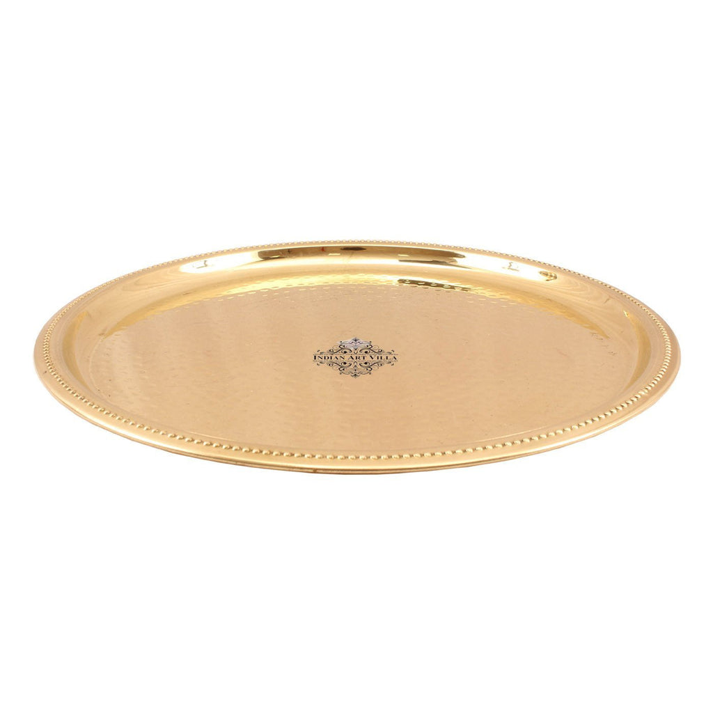 Indian Art Villa Hammered Brass Serving Plate 14.1" Inch, Gold