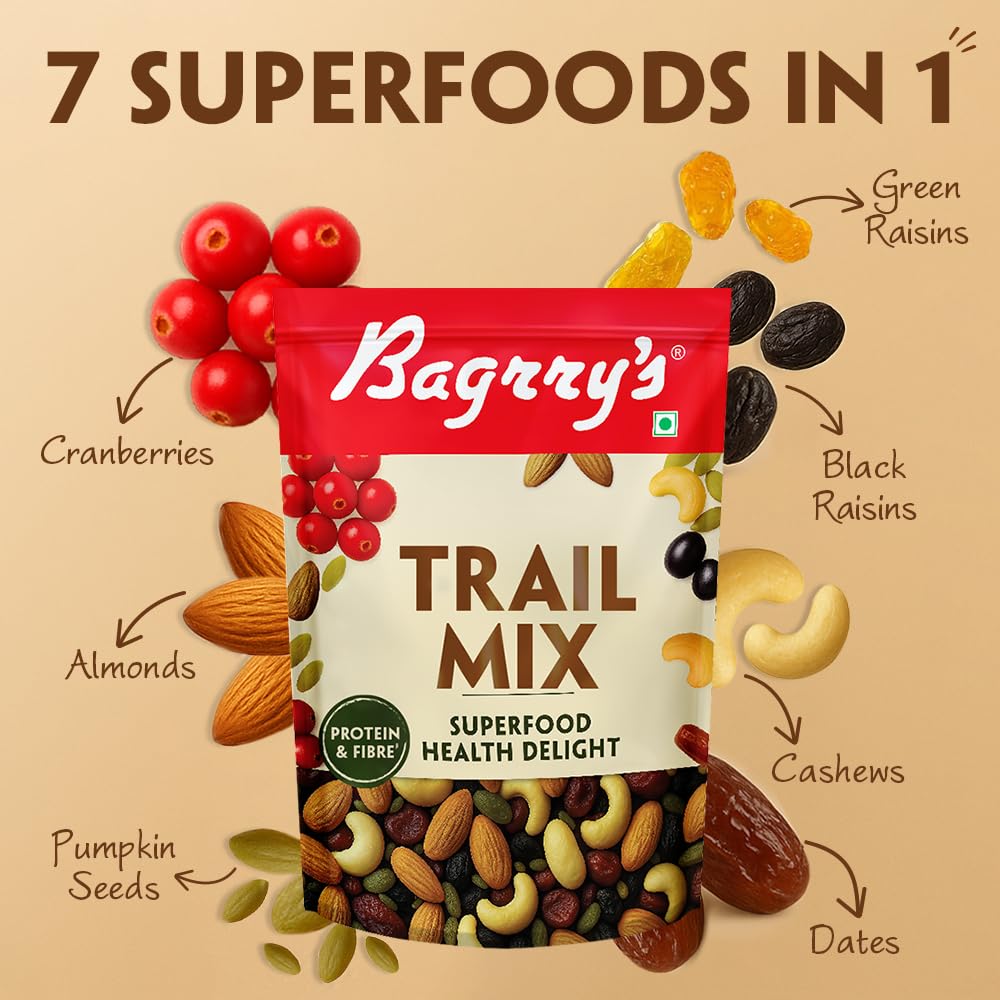 Bagrry’s Trail Mix 200 GM | 7 in 1 Superfoods | California Almond | Cashews | Cranberries | Dates | Pumpkin Seeds | Green & Black Raisins | High Protein | Fibre-Rich | Oil-Free | Non-Salted | Healthy Snack for Anytime Energy | Dry fruit mix | Mix nuts
