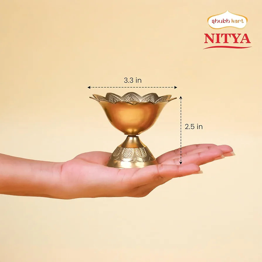 Shubhkart Nitya Devdas Deep Brass Diya  Brass Devdas Diya Oil Puja Lamp Engraved Design Table for Home Mandir Office Festival Puja Gifts Decor  - 90 GMS