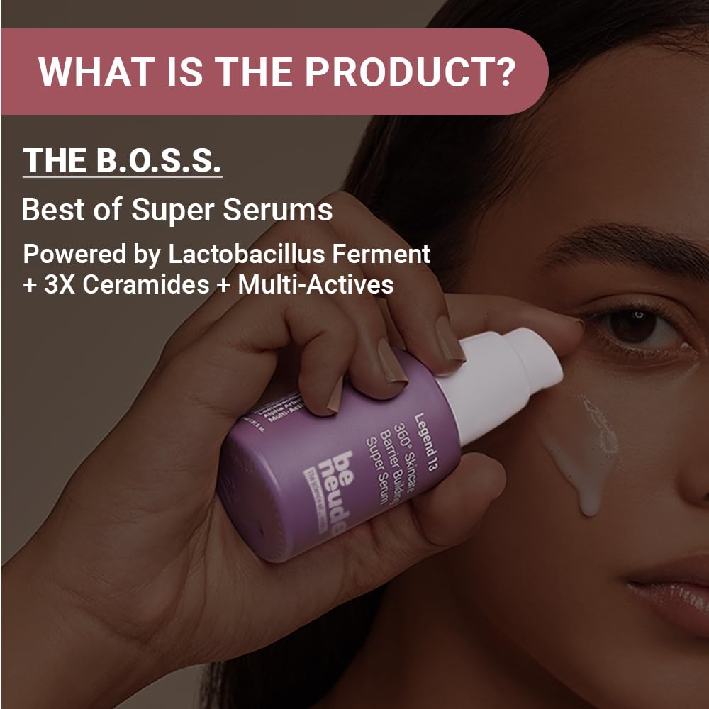 Be Neude Legend 13 Super Face Serum 30ml with 3x Ceramides, Lactobacillus Ferment, Alpha Arbutin, Rice Water, 13 Multiactives for Barrier Building Re-texturing & Hydration, pH 5.5, for All Skin Types