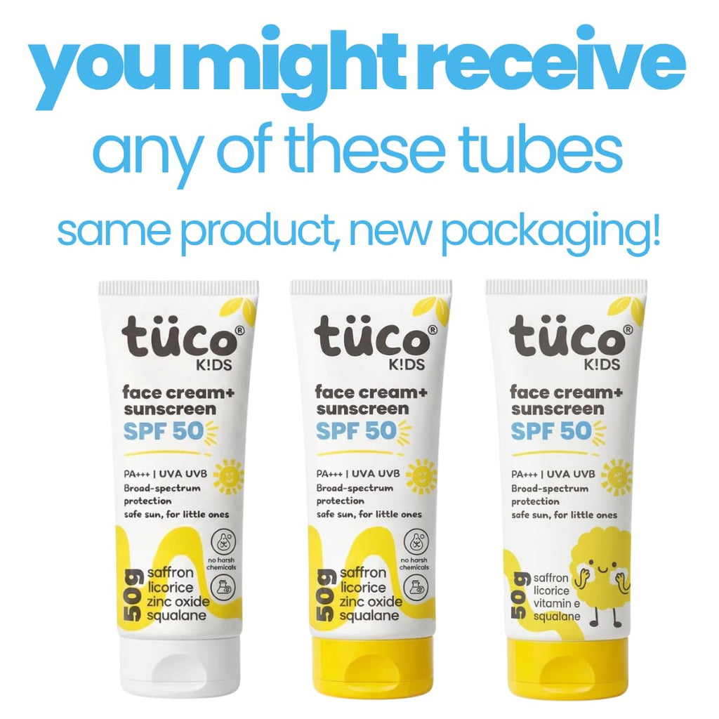 TucoÂ® Kids 2 in 1 Face Cream + Sunscreen SPF 50 with Saffron oil | UVA/UVB PA++++ | Broad Spectrum Protection | Benzophenone- 3 and Avobenzone Free | Ages 2-5, 5-10, 10-15 | 50gm