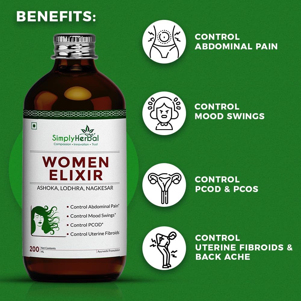 Simply Herbal Super Women Elixir for Women's Menstrual Health, Reflief in PCOD & PCOS, Controls Mood Swing, Abdominal Cramps (Pack of 1-450 Ml Each)