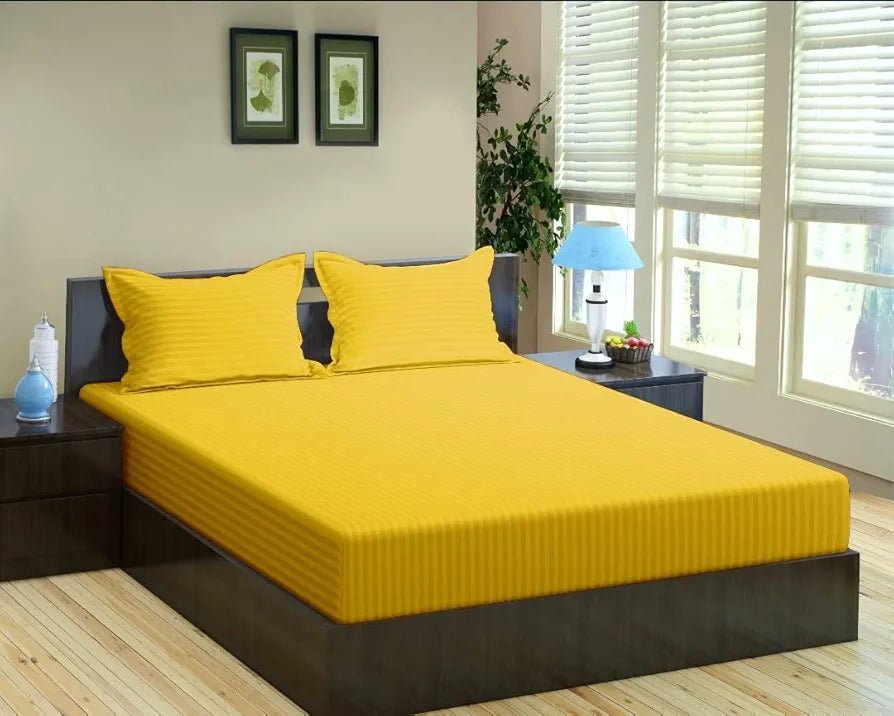 Trance Home Linen 100% Cotton 78x72 inch King Fitted 200TC Satin Stripe Elastic Fitted Bedsheet with 2 Pillow Covers Colour Golden Yellow