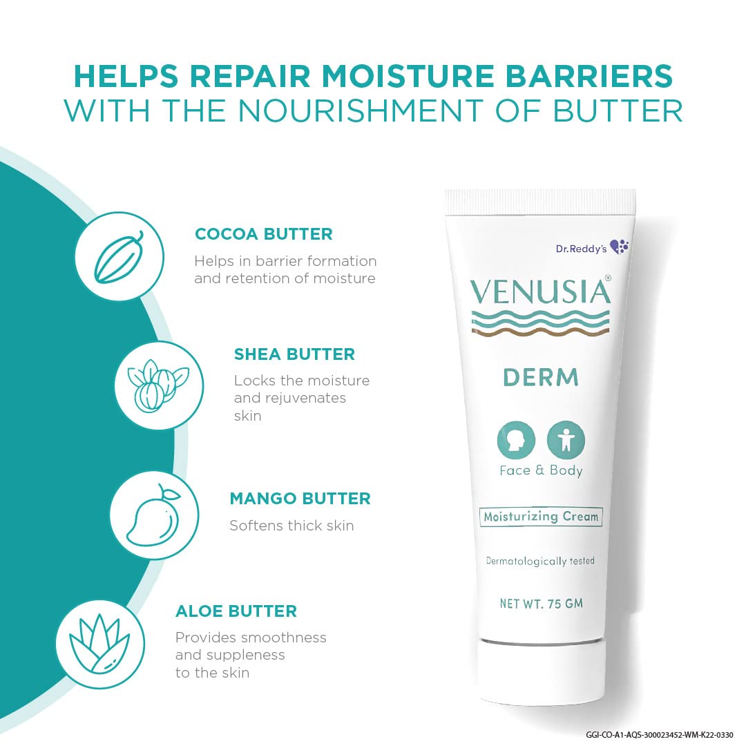 VENUSIA Dr Reddy'S Derm Moisturizing Lotion For Face And Body,Repairs And Nourishes Dry Skin,Relieves Minor Itching And Irritation,Moisturization And Hydration That Lasts Up To 10 Hours,Pack of 1