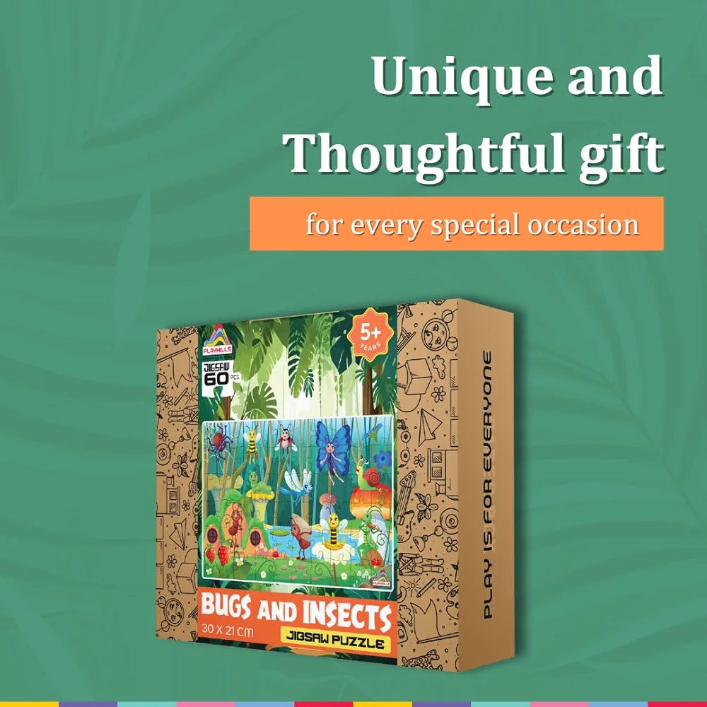 Playhills Wooden Puzzle Colourful Bugs and Insect Kingdom 60 Puzzle Pieces, Ideal Holiday/Birthday Gift for Kids 3,4,5,6,7 Years