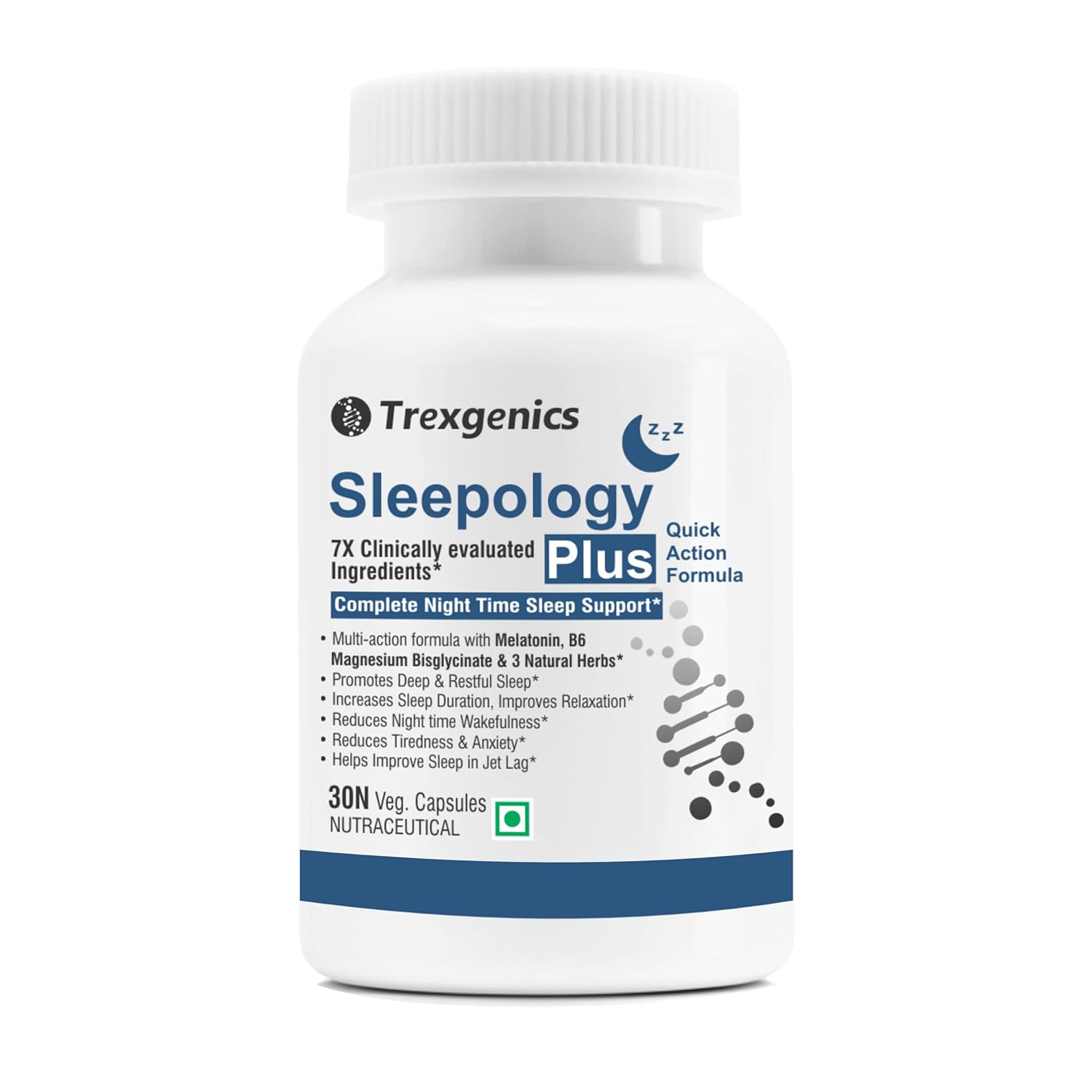 Trexgenics SLEEPOLOGY PLUS Melatonin 10 mg Sleep Support with Magnesium bisglyciante, P5P, Chamomile, Passion flower, Valerian VEGAN & NON-GMO (30 Veg. Capsules) (Pack of 1)