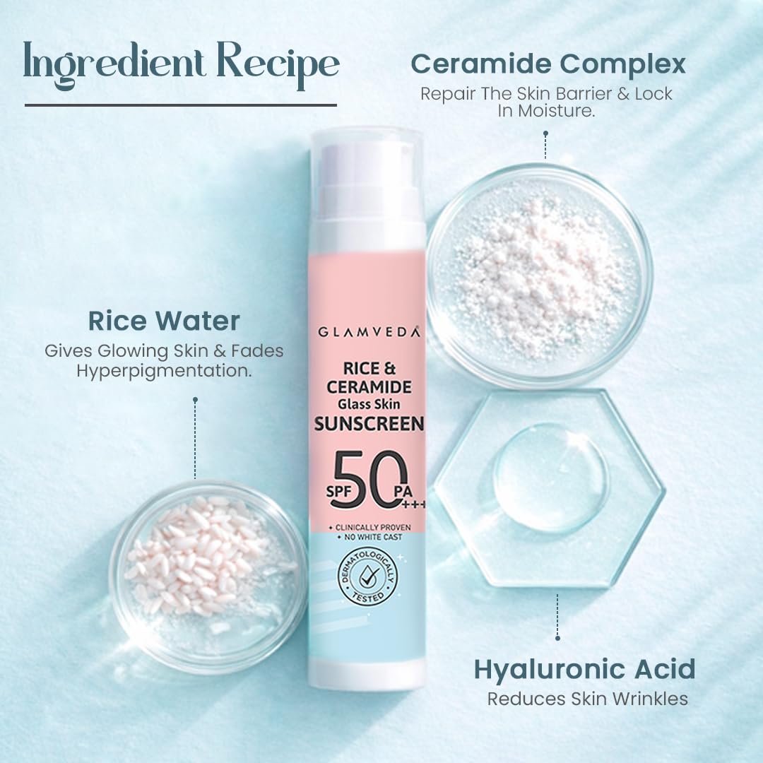 Glamveda Rice & Ceramide Dewy Sunscreen SPF 50 PA+++ | Transparent, Ultra lightweight gel cream | No White Cast, Water & Sweat Proof | For Dry & Sensitive Skin Types 50 ml