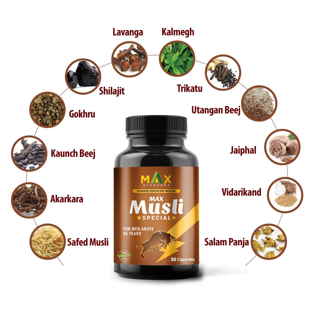 Max Ayurveda Musli Special Capsules For 45+ Men | Power, Strength, Energy and Stamina Booster | 100% Vegan | Premium Ayurvedic Supplement - (30 Capsules)