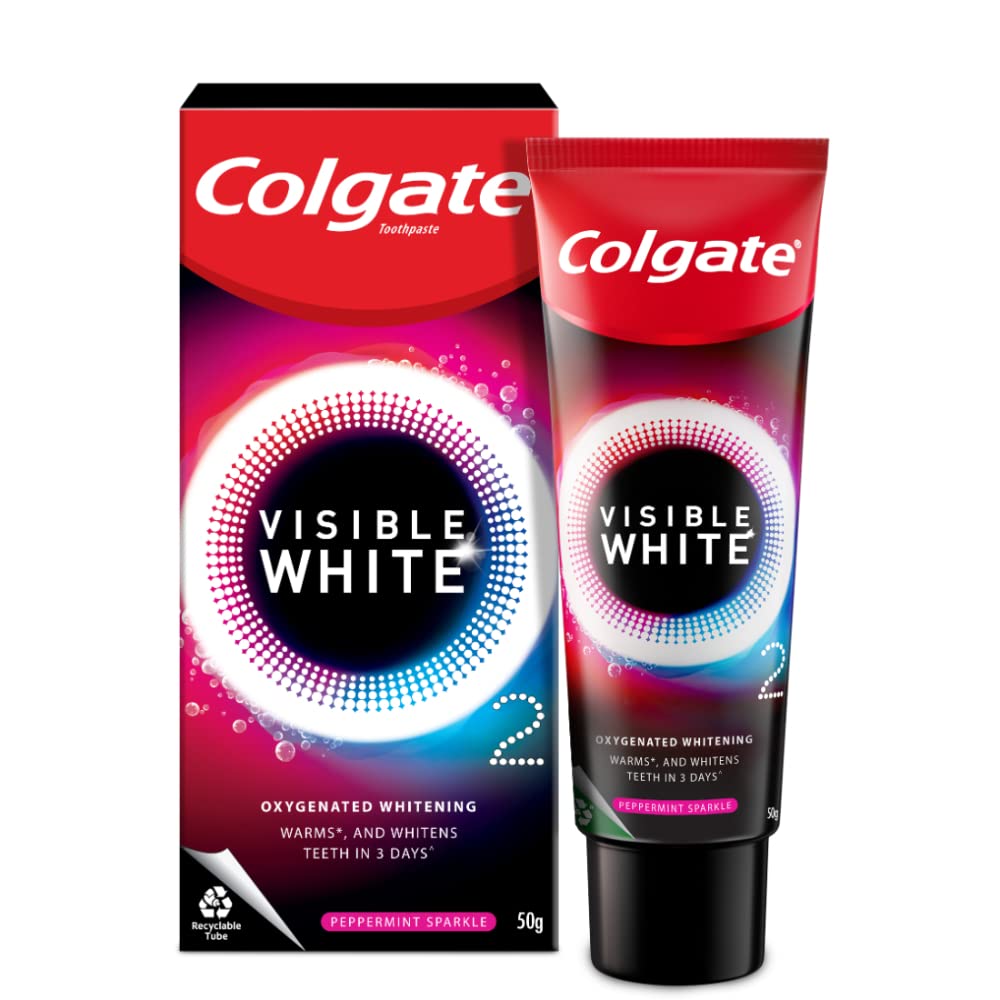 Colgate Visible White O2, Teeth Whitening Toothpaste, Peppermint Sparkle, 50g & Colgate Slim Soft Charcoal Toothbrush (Buy 2 Get 2 Free) - 4 Pcs