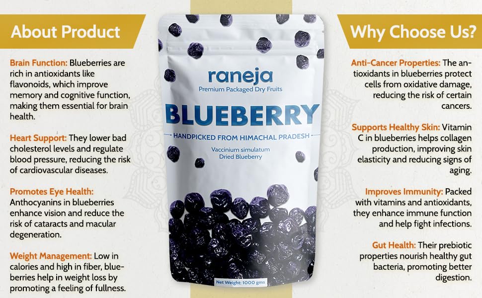 RANEJA 100% Natural Premium Blueberries Without added Sugar | Dried Seedless Blueberries | Dry Fruits | Healthy & Tasty Whole & Dried Blueberry | Rich In Calcium And Vitamin K | Non-GMO(200gm)