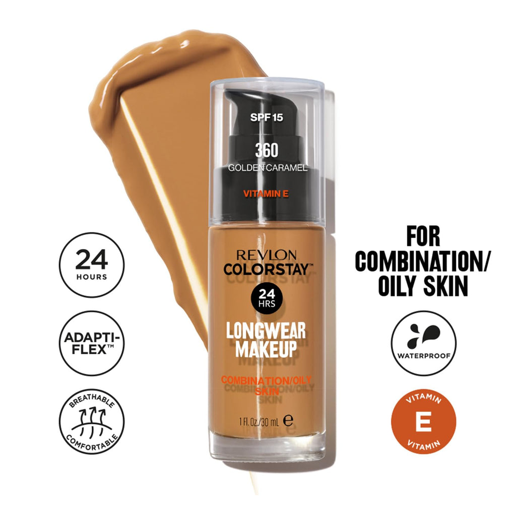 Revlon Liquid Foundation, ColorStay Face Makeup for Combination & Oily Skin, SPF 15, Longwear Medium-Full Coverage with Matte Finish, Golden Caramel, 1 Fl Oz