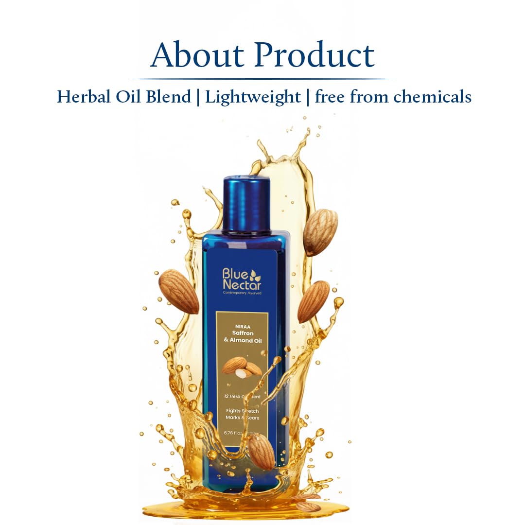 Blue Nectar Saffron & Almond Oil for Stretch Marks for Pregnant Women | Visibly Reduces Marks, Hydrates Skin & Improves Elasticity | 100% Natural & Safe (12 Herbs, 100ml)