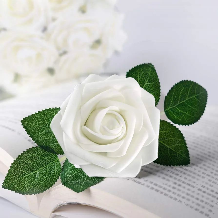 Artificial Flowers White Roses Real Looking Fake Roses with Stem Leaves White