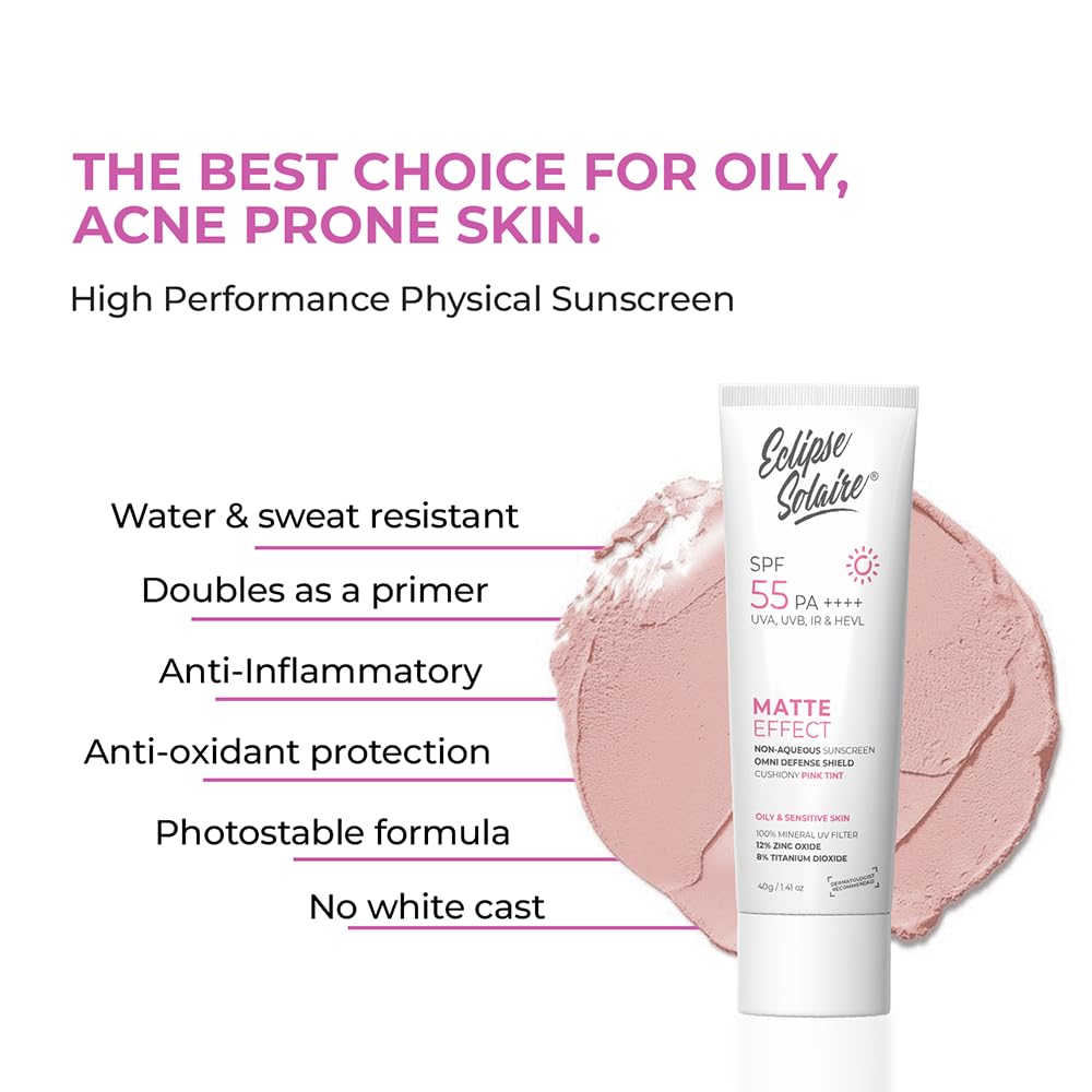 Matte Sunscreen SPF 55 PA++++ | Lightweight, No White Cast, Waterproof & Sweat Resistant Tinted Sunscreen for Oily, Acne-Prone & Sensitive Skin â€“ 40g