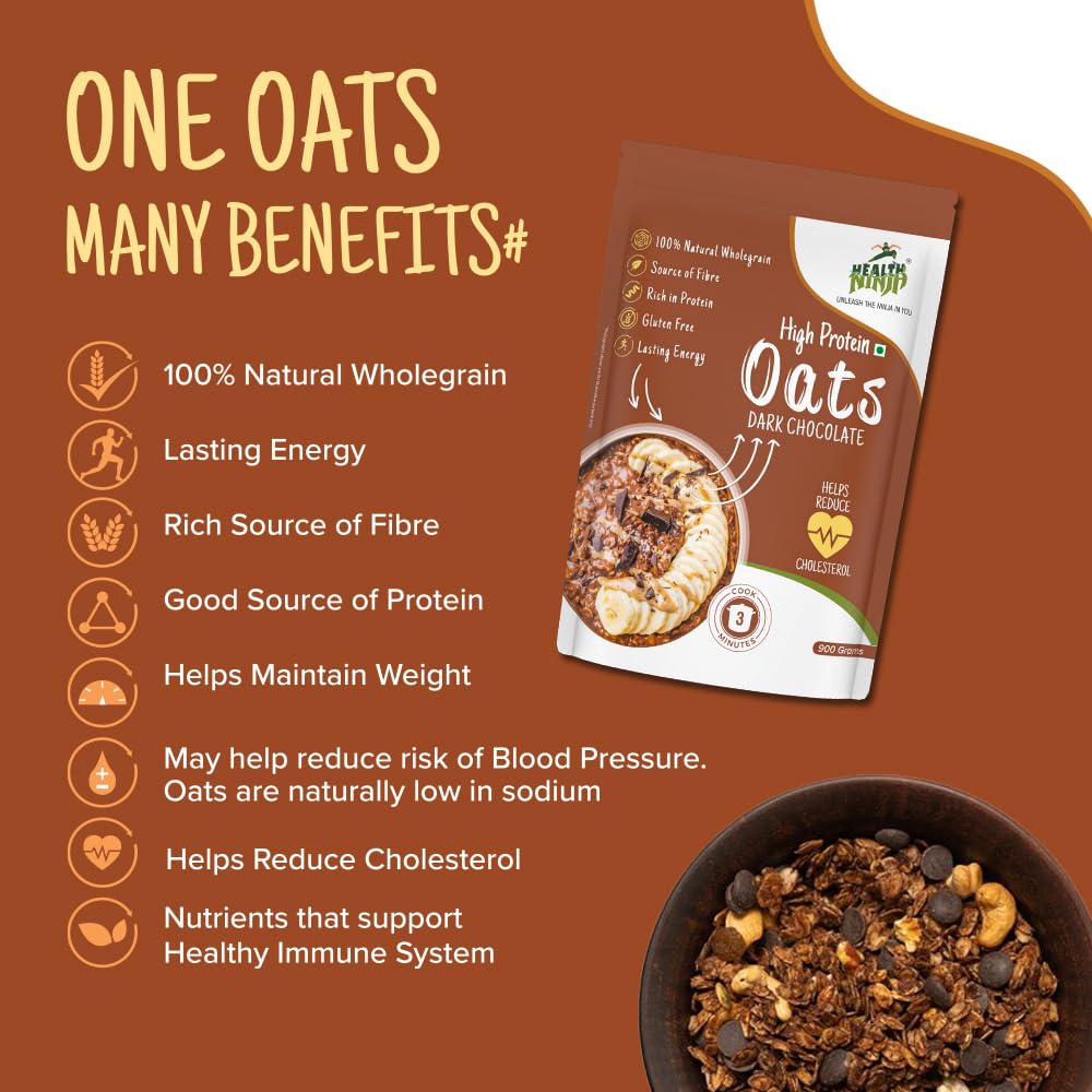 Health Ninja Dark Chocolate Oats | High Protein Breakfast Oats | Protein Oats 900 gm Pack