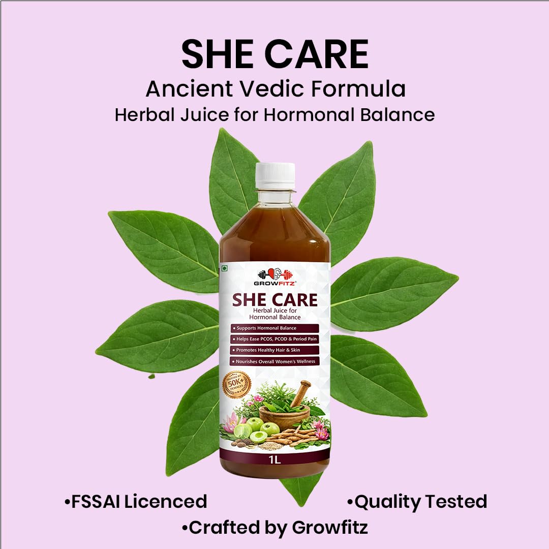 Growfitz She Care Herbal Juice 1000ml | Advanced Ayurvedic Formula for PCOS/PCOD, Hormonal Balance & Period Health | With Shatavari, Ashok Chaal, Amla & Giloy | No Added Sugar