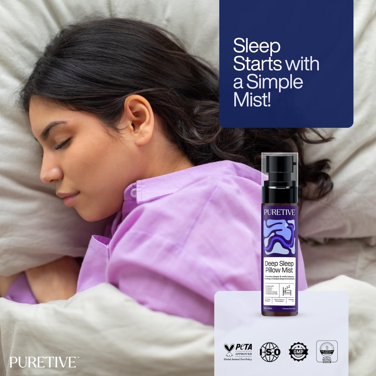 PURETIVE Deep Sleep Pillow Mist | Sleep Mist | Body+Linen+Room | 100% Pure with Essential Oil | Reduce Tension & Restless Sleep | Promotes Restful & rejuvenating sleep | 100ml
