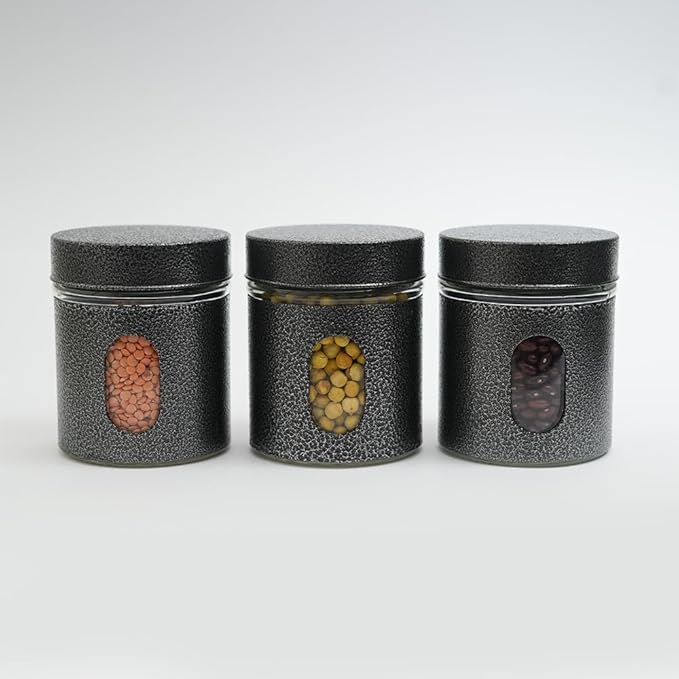 Femora Carbon Steel Jar for Kitchen Storage With Clear Glass Window and Carbon Steel Lid | 300 Ml | Set of 3 | of Lids | Black