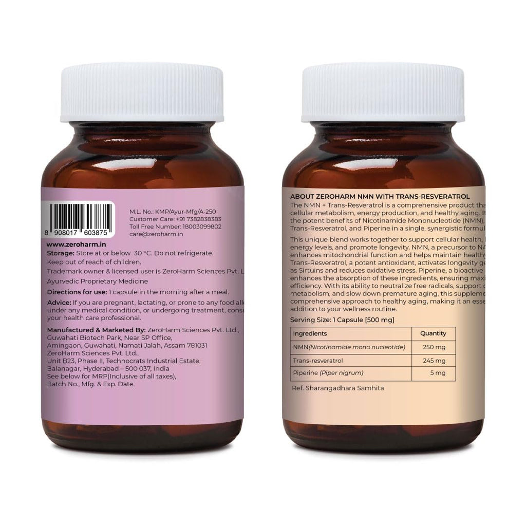 ZEROHARM NMN + Trans-Resveratrol 500 mg | High-Purity 99.5% NMN | Supports Healthy Aging, Cellular Energy, NAD+ Levels, Skin Health, Joint Support, Antioxidant | For Men & Women - 30 Veg Capsules