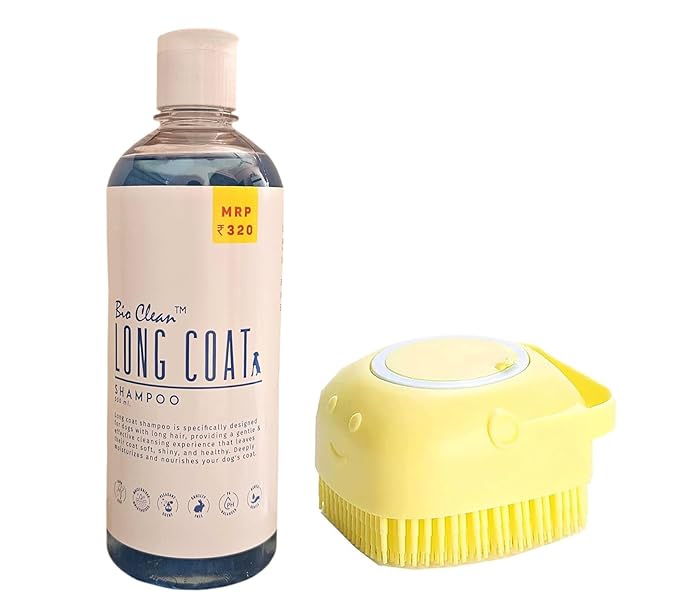 Pet Needs Bio Clean Long Coat Dog Shampoo With Soft Silicone Shampoo Dispenser Brush | Moisturising and Gentle on Skin | 500 Ml