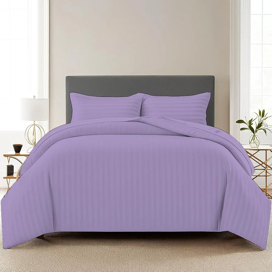 Trance Home Linen Zippered 100% Cotton 200TC Satin Stripe King Size Duvet Cover Quilt Cover Blanket Cover Razai Comforter Cover with 2 Pillow Covers Colour Lilac Purple
