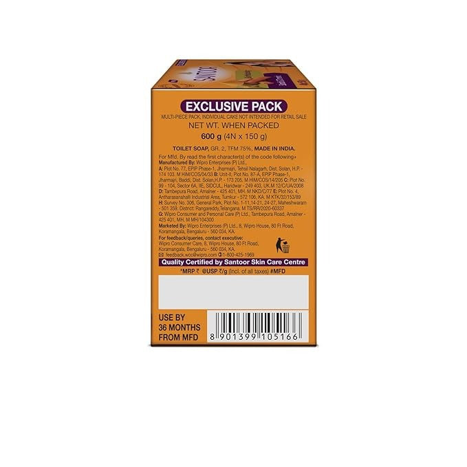 Santoor Skin Moisturizing Sandal & Turmeric Bathing Soap - 150 gms (Pack of 4)