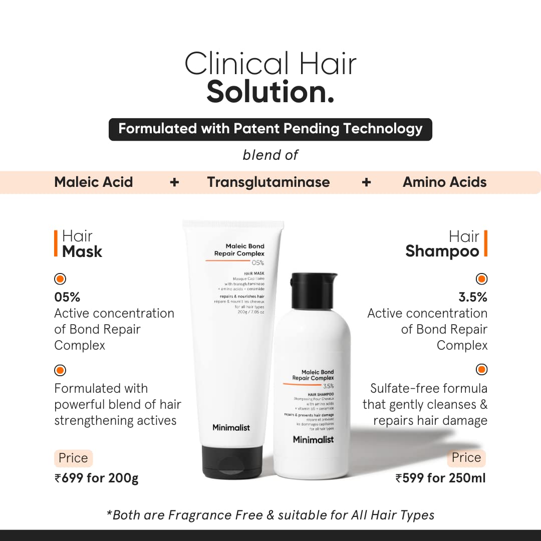 Minimalist Hair Mask For Frizzy Hair, Repairing Dry, Damaged & Dull Hair | Maleic Bond Repair Complex 05% with Transglutaminase, Amino Acids & Ceramides | For Damaged & Treated Hair | Controls Frizzy Hair | For Women & Men | 200 gm