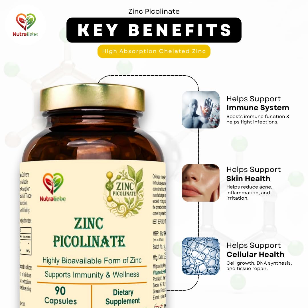Nutraliebe Zinc Picolinate – High Absorption Chelated Zinc Supplement – Immune Support, Skin & Cellular Wellness – Gentle on Stomach – 90 Vegetarian Capsules