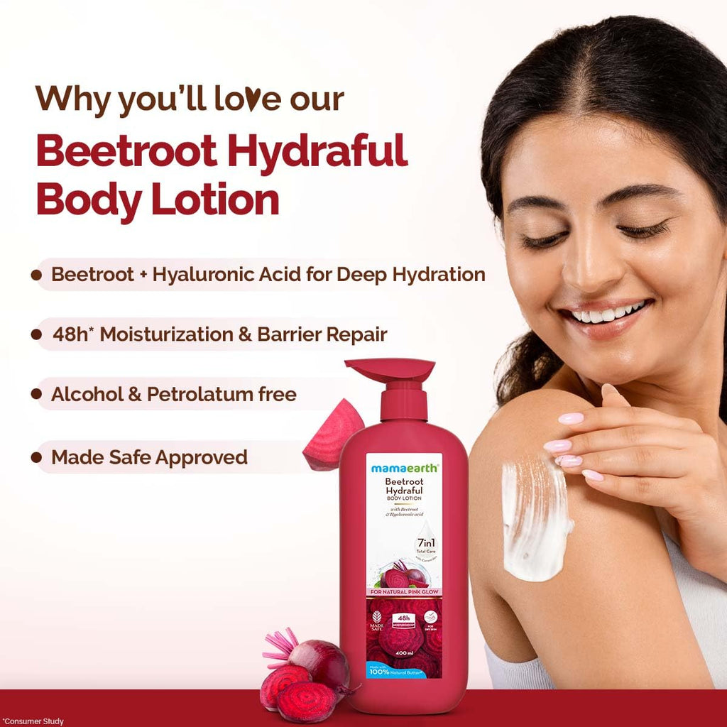 Mamaearth Beetroot Hydraful Body Lotion with Beetroot & Hyaluronic Acid & for Natural Pink Glow - 400 ml Beetroot + Hyaluronic Acid for Deep Hydration | 48 hrs* Moisturization & Barrier Repair | Alcohol & Petrolatum free | Made Safe Approved