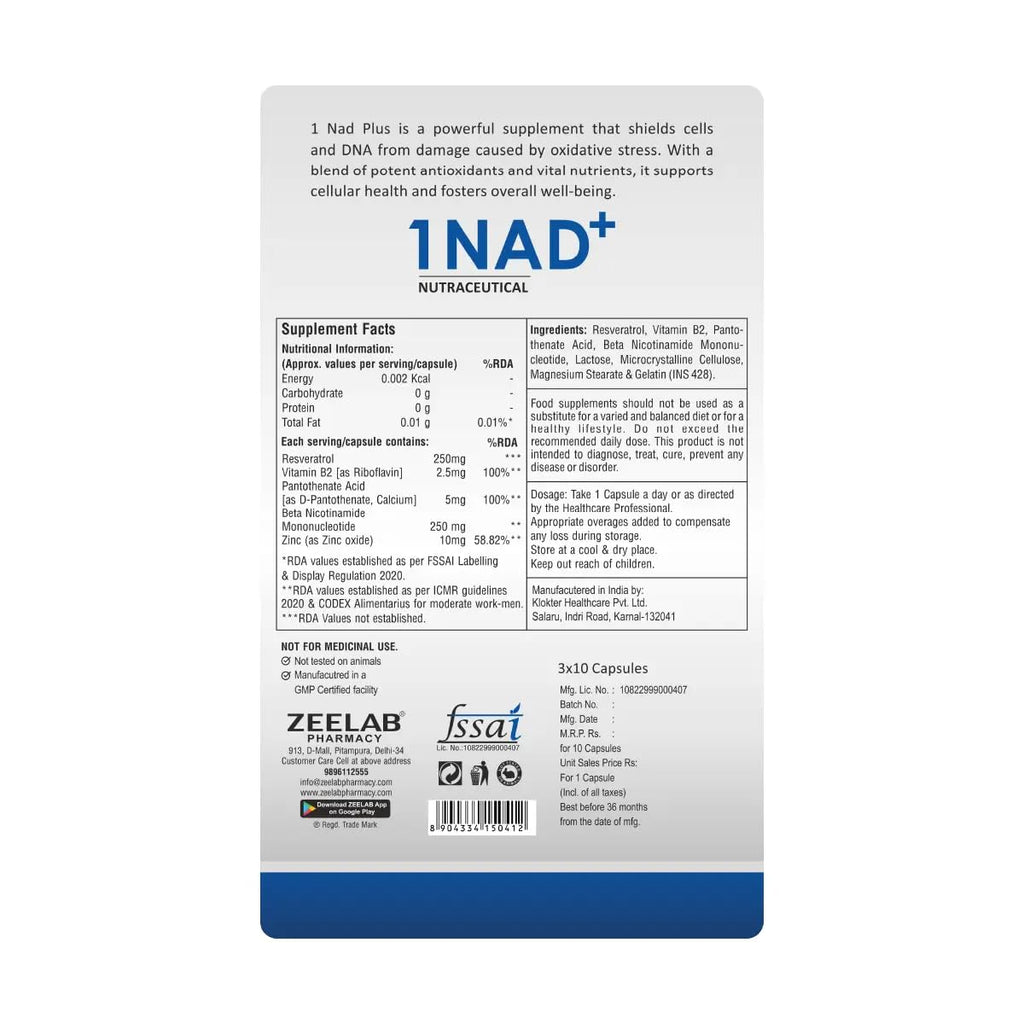 Zeelab 1 NAD+ Capsule with NMN & Resveratrol | Supports Energy, Metabolism & Healthy Ageing | With Vitamin B2, B5 & Zinc | Daily Wellness Supplement for Adults