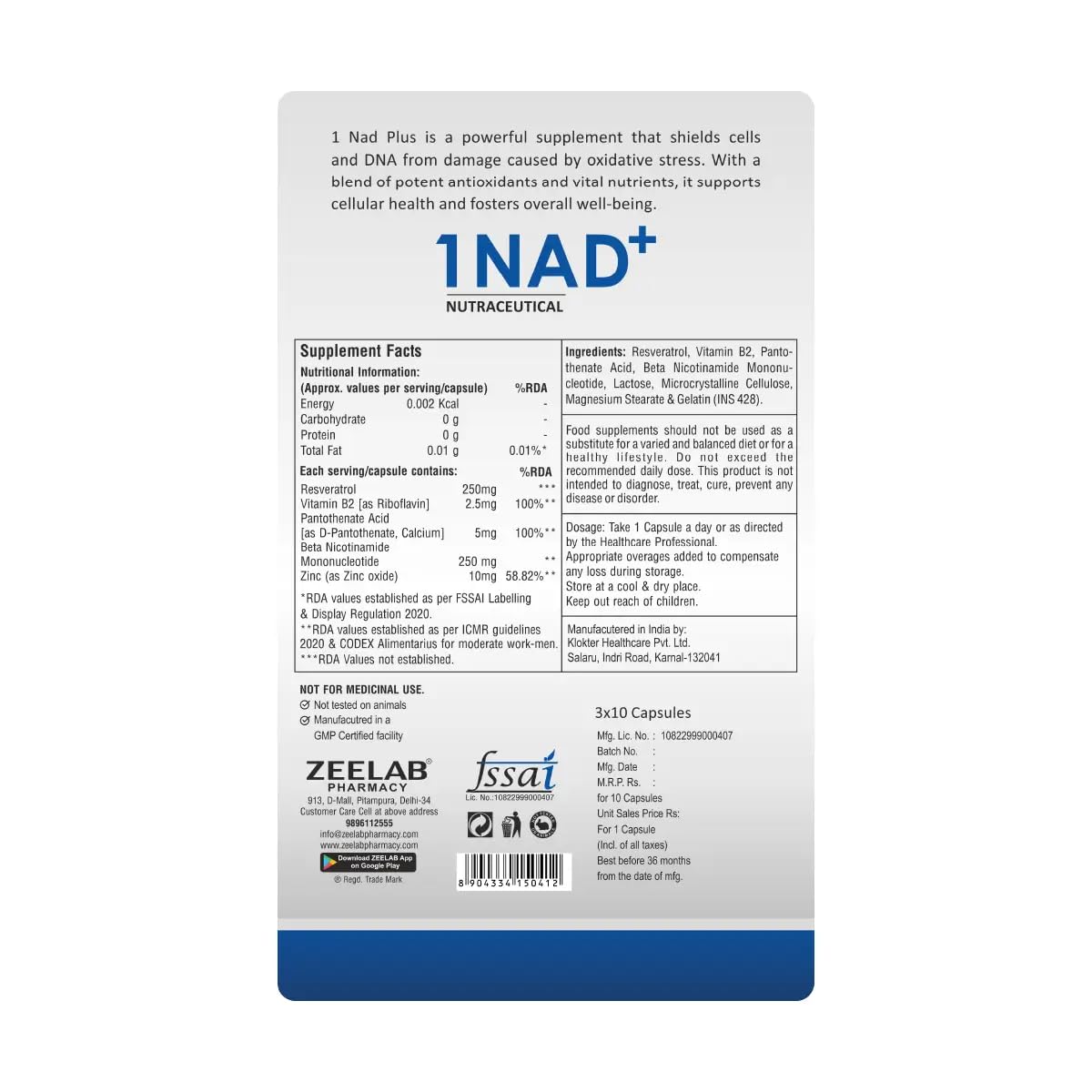 Zeelab 1 NAD+ Capsule with NMN & Resveratrol | Supports Energy, Metabolism & Healthy Ageing | With Vitamin B2, B5 & Zinc | Daily Wellness Supplement for Adults