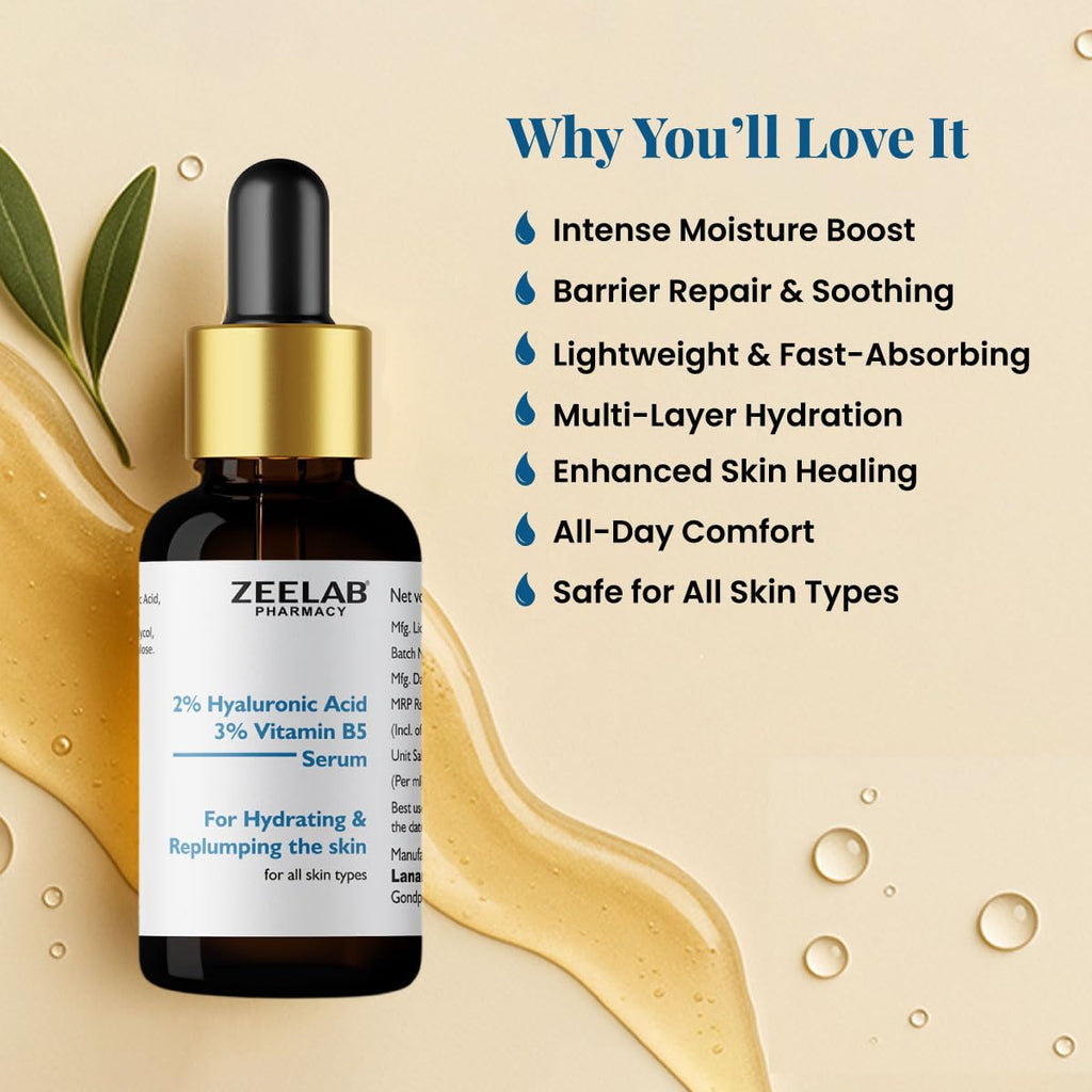 Zeelab 2% Hyaluronic Acid + 3% Vitamin B5 Face Serum â€“ Deep Hydration & Skin Repair â€“ Helps Improve Elasticity, Smoothness & Glow â€“ Lightweight, Non-Greasy Formula â€“ 30ml