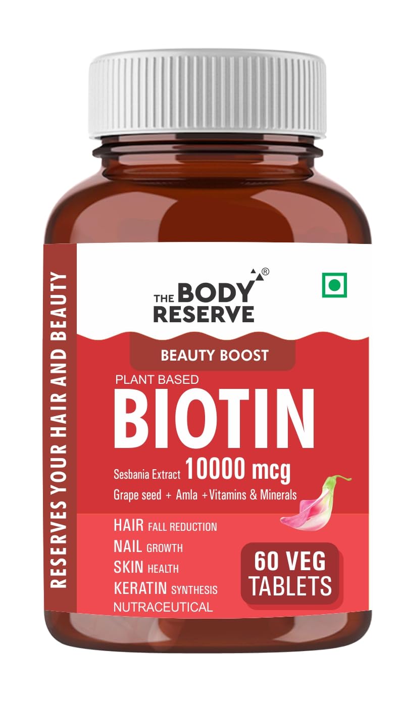 The Body Reserve Plant-Based Biotin Tablets - 60 Veg Tablets, Biotin from Sesbania Extract with Amla & Grapeseed - Supports Hair, Skin, and Nails - For Men & Women