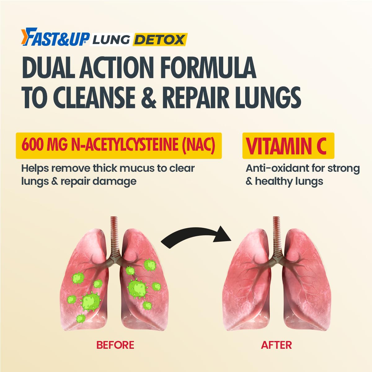 FAST&UP Detox Lung N-Acetylcysteine 600mg + Vitamin C - Lung Protective Supplement, 10 Tablets â€“ Respiratory & Lung Health - Strawberry Flavour