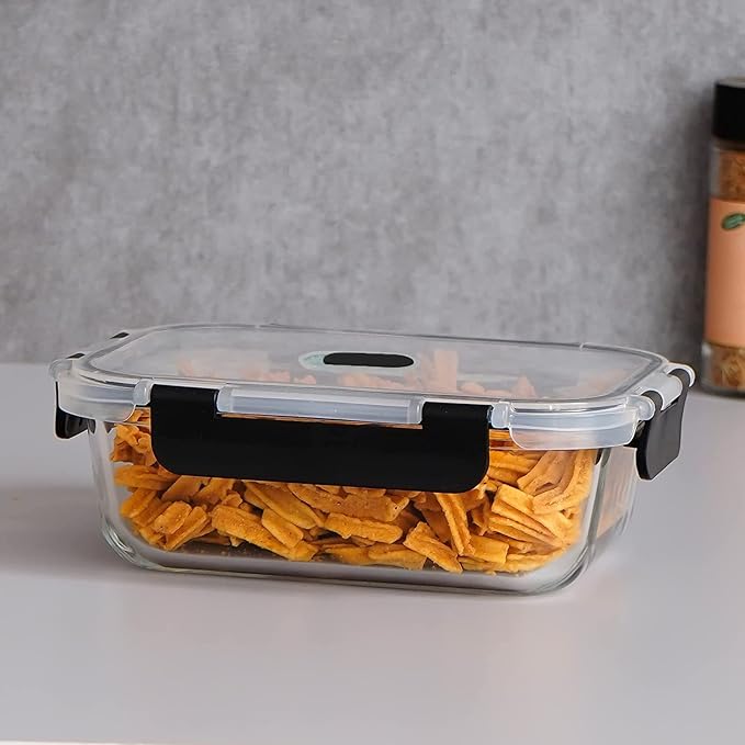 Femora Borosilicate Rectangle Glass Container With Dectahable & Break Free Lid | Black Color | 1000 Ml | Set of 3