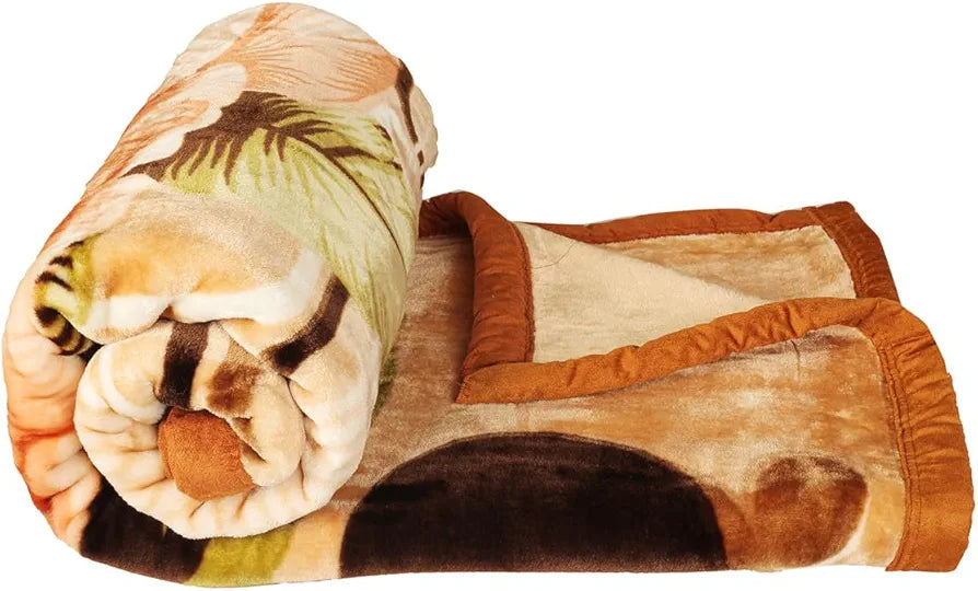 Homekart Super Soft Cloudy Printed Single Bed Blanket for Heavy Winter Single Ply Mink Blanket King Size TC - 400 Beige Brown & Green