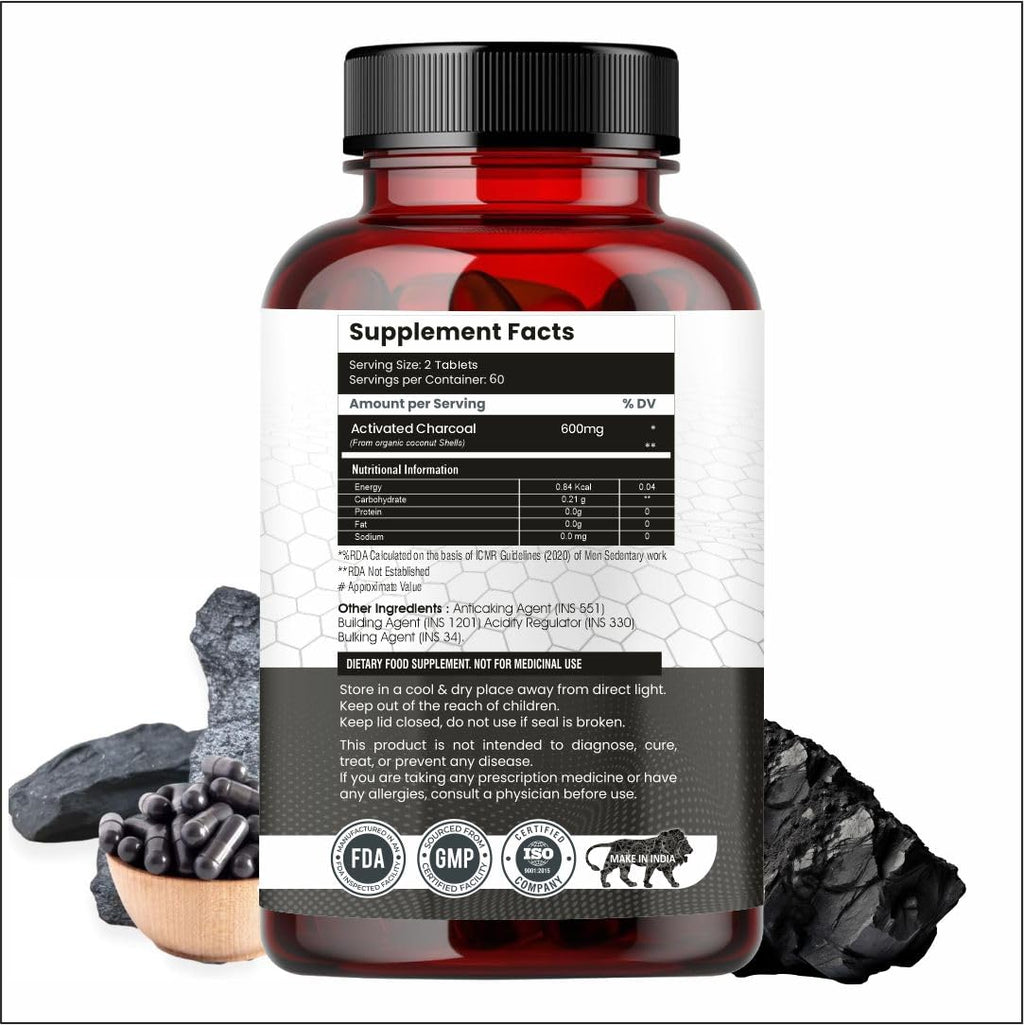 Activated Charcoal 600mg â€“ Natural Detox & Digestive Cleanser | Supports Bloating Relief & Gas | 120 Vegan Tablets