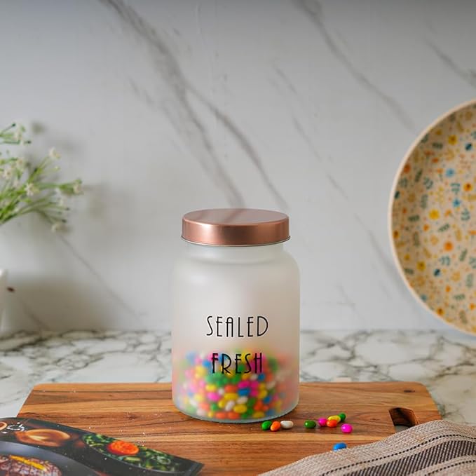 Femora Kitchen Storage Jars Frosted Glass Jar With Steel Lid Air Tight Jar | 1000 Ml | Pack of 2 | Golden Lid