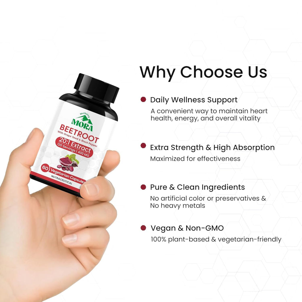 MORA Beetroot Capsules 20:1 Extract | Ayurvedic Beet Root Supplement with Grape Seed & Black Pepper Extract | Nitric Oxide, Blood Flow & Heart Health Support | For Energy, Stamina & Gym Performance | 60 Vegan Capsules