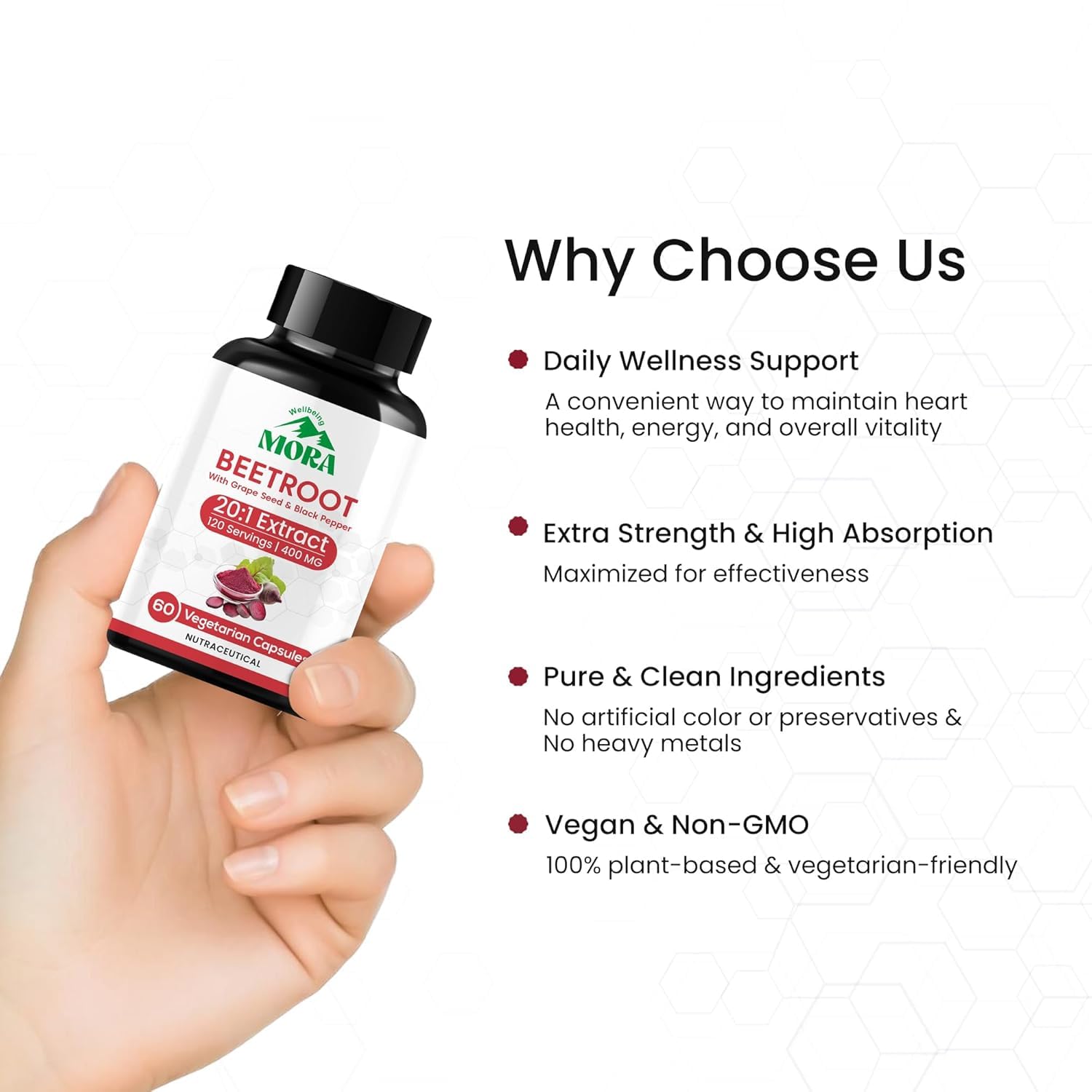 MORA Beetroot Capsules 20:1 Extract | Ayurvedic Beet Root Supplement with Grape Seed & Black Pepper Extract | Nitric Oxide, Blood Flow & Heart Health Support | For Energy, Stamina & Gym Performance | 60 Vegan Capsules