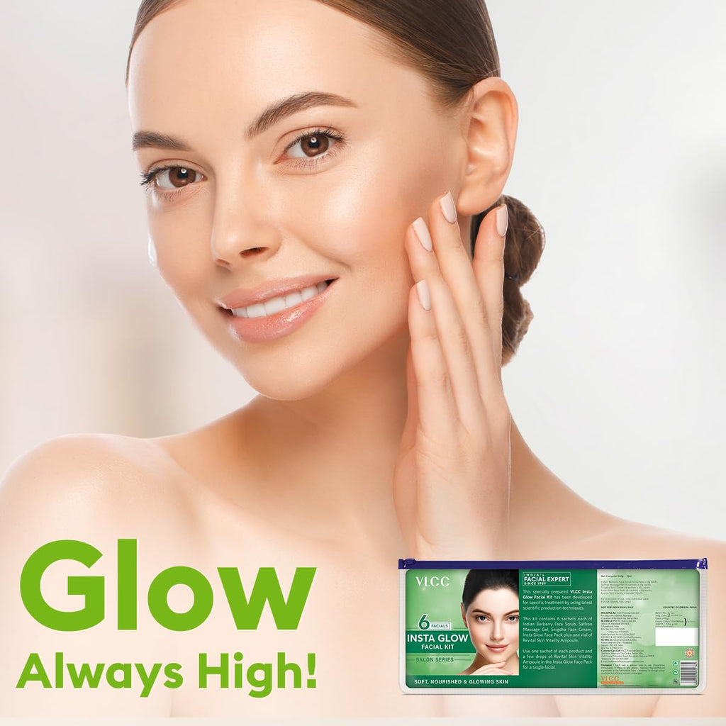 VLCC Salon Series Insta Glow Facial Kit (6 Facials) - 240g + 12ml | Fights Premature Ageing | Youthful Glow Facial Kit with Saffron & Berberry | Anti-Microbial and Complexion Brightening