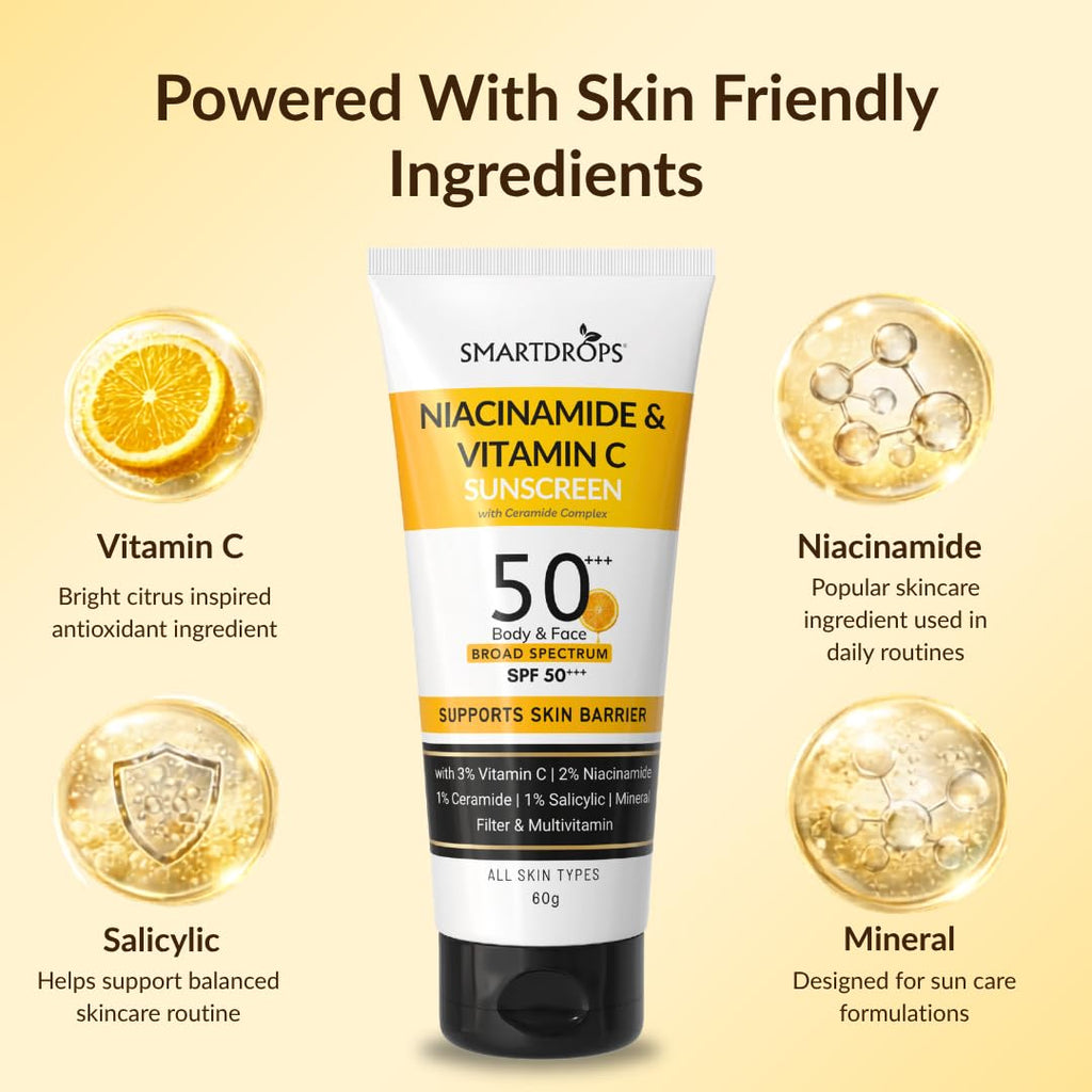 Smartdrops Sunscreen SPF 50+++ PA+++ Broad Spectrum with Niacinamide & Vitamin C, Lightweight Lotion for Daily Use, Face and Body Application, Suitable for Men and Women - 60ml (Pack of 1)