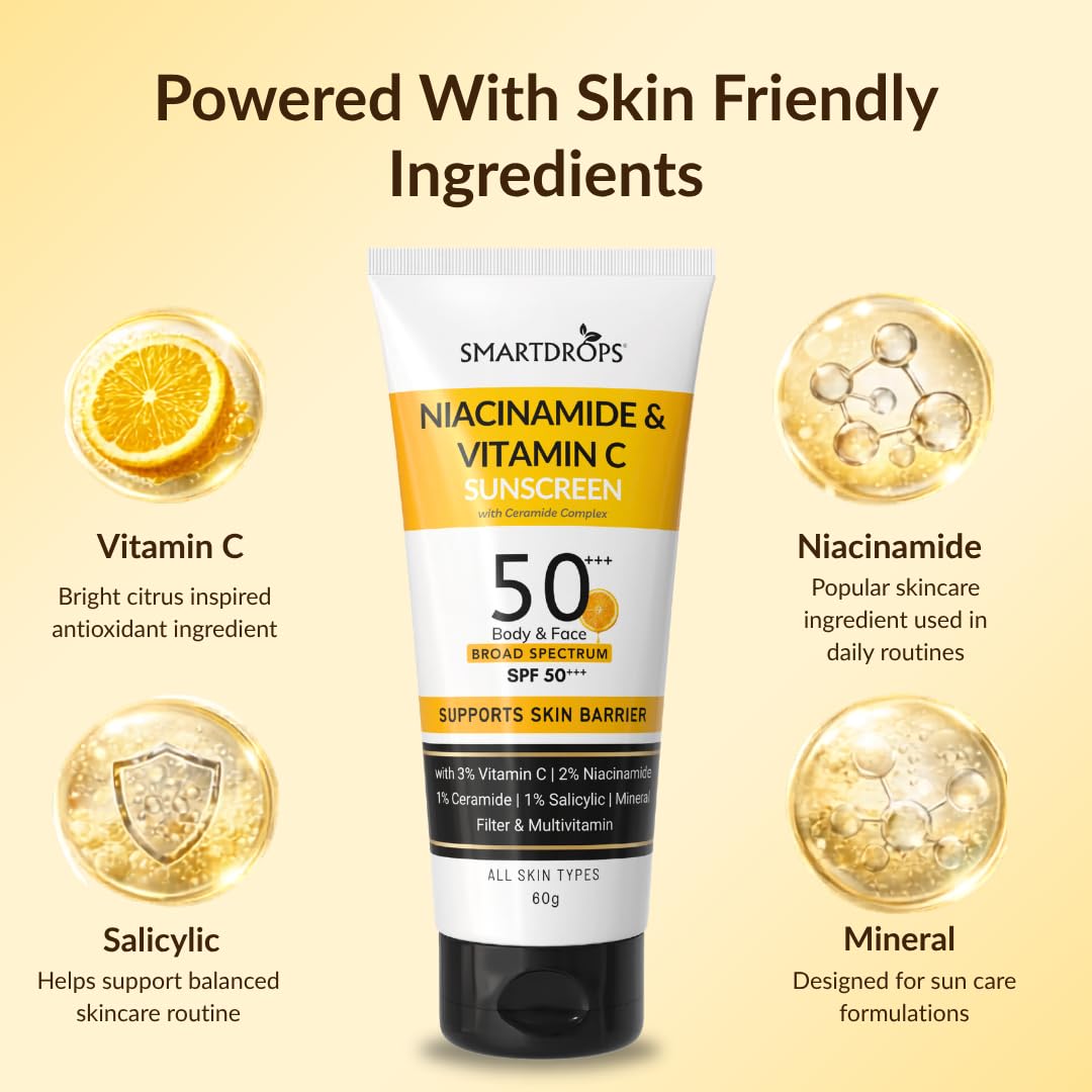 Smartdrops Sunscreen SPF 50+++ PA+++ Broad Spectrum with Niacinamide & Vitamin C, Lightweight Lotion for Daily Use, Face and Body Application, Suitable for Men and Women - 60ml (Pack of 1)