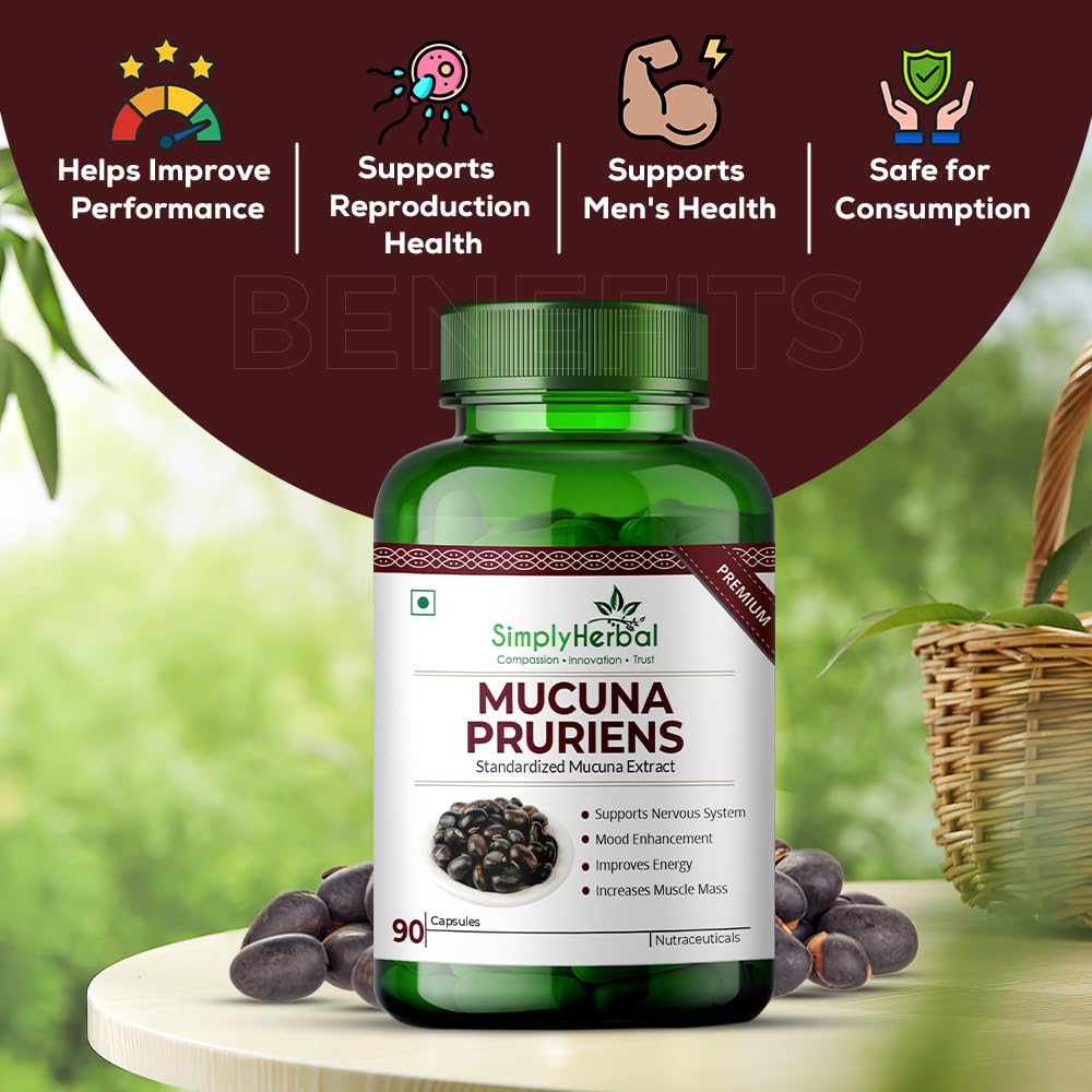Simply Herbal Mucuna Pruriens Kapikachhu Extract Supplements 500mg, Black Kaunch Beej Dopamine Booster Complex Natural L-Dopa for Brain, Nervous & Immune System- 90 Capsules