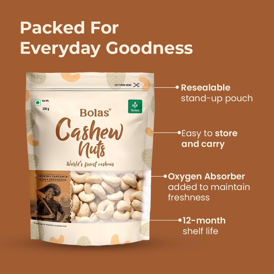 Bolas Whole Cashew Nuts 250g | Kaju Grade W320 | Nutritious & Delicious | Rich in Protein, Magnesium & Phosphorus | Gluten Free | Dry Fruits